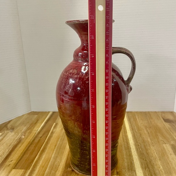 Hand Crafted Signed Pottery Pitcher Vase Red Glossy Glaze Curved Handle 11” Tall - Picture 7 of 8